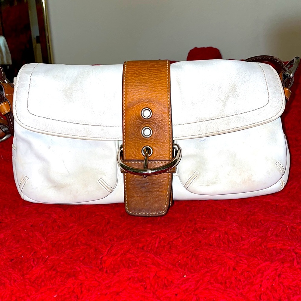 COACH Soho Small Handbag Purse Leather White with Brown Trim